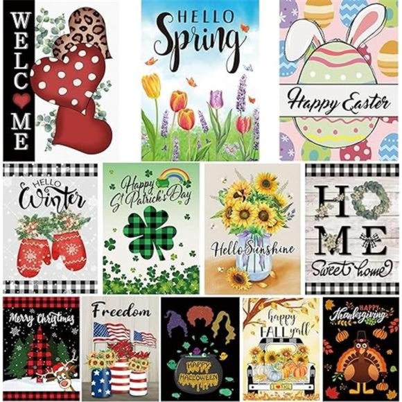 Seasonal Garden Flags Set of 12 Double Sided 12 x 18 Inch Yard Flags - Picture 1 of 8